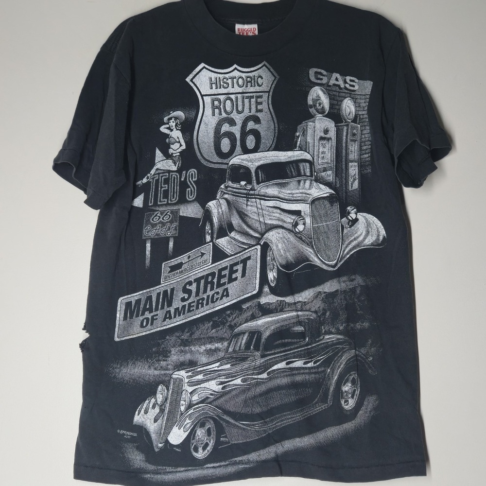 Vintage Route 66 T-Shirt All Over Print Black Size Medium Single Stitch AOP